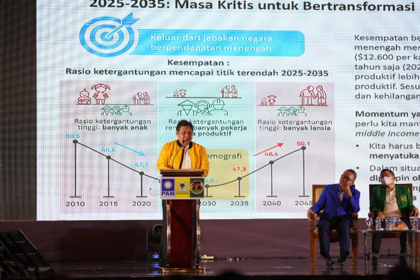 Tiga ketua umum partai yang tergabung dalam KIB memaparkan visi misi di Kota Surabaya, Jawa Timur, Ahad (14/8/2022). 
