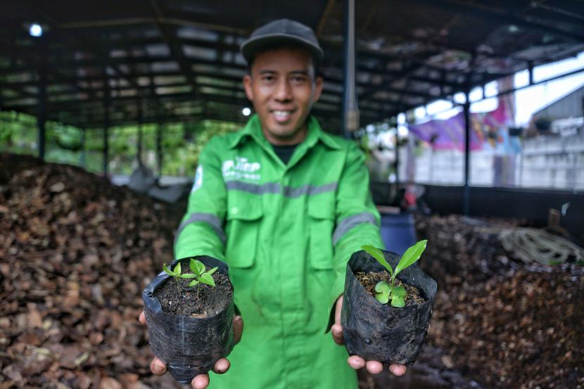 Tim hijau rumah kompos & nursery PT Jakarta Industrial Estate Pulogadung (JIEP) menunjukan bibit tanaman yang menggunakan pupuk kompos yang di buat di rumah kompos & nursery JIEP di Kawasan JIEP, Pulogadung, Jakarta, Kamis (23/11/2023).