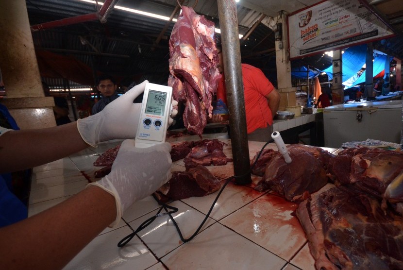 Tim Kesehatan Masyarakat Veteriner (Kesmavet) Dinas Kelautan Perikanan Pertanian dan Peternakan melakukan uji kandungan pH aman pada daging sapi saat sidak dan pengambilan sampel bahan pangan hewani di pasar tradisional Pabaeng-baeng, Makassar, 