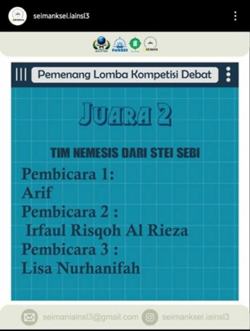 Tim mahasiswa STEI SEBI Depok berhasil meraih juara 2 kompetisi debat terkait  peningkatan literasi keuangan syariah yang diselenggarakan oleh KSEI IAIN Salatiga.