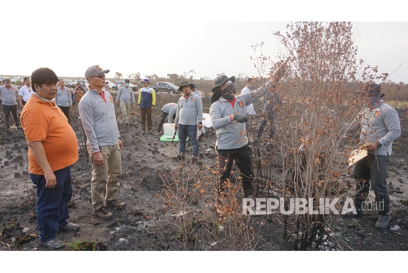 Tim Satgas Gakum Karhutla Dit Reskrimsus Polda Kalsel melakukan olah TKP di lahan terbakar milik PT BIT di Kecamatan Martapura Barat, Kabupaten Banjar, Kalimantan Selatan, Rabu (25/9/2019). 