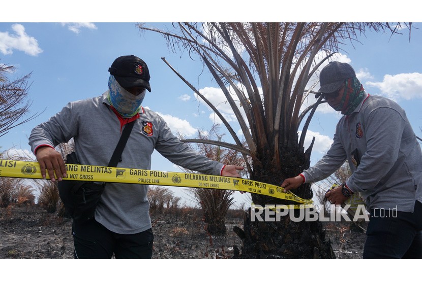 Tim Satgas Gakum Karhutla Dit Reskrimsus Polda Kalsel memasang garis polisi di lahan terbakar milik PT MIB di Kecamatan Martapura Barat, Kabupaten Banjar, Kalimantan Selatan, Rabu (25/9/2019).