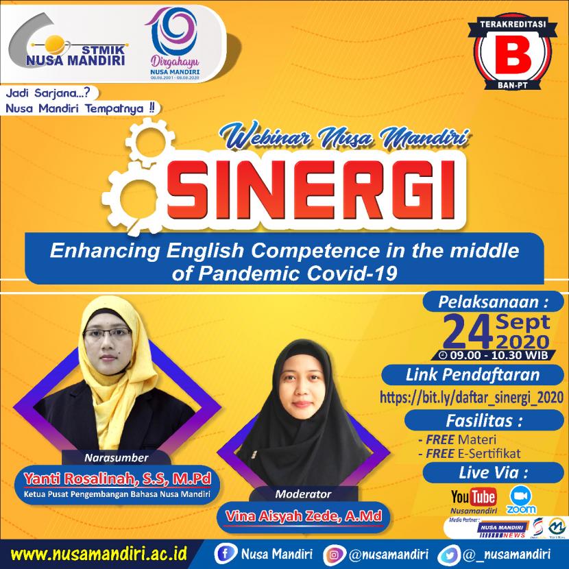 Tingkatkan keahlian berbahasa Inggris, Pusat Pengembangan Bahasa (PPB) Nusa Mandiri gelar seminar SINERGI untuk mahasiswa baru tahun akadekik 2020/2021.