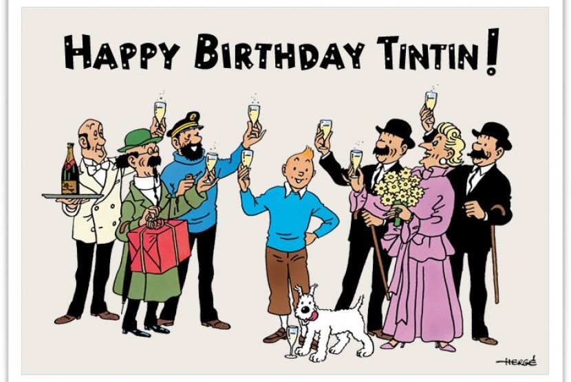 Tintin merayakan ulang tahun bersama teman-temannya.