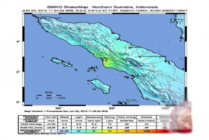 Titik episentrum gempa di Aceh pada Sabtu (23/6/2012)