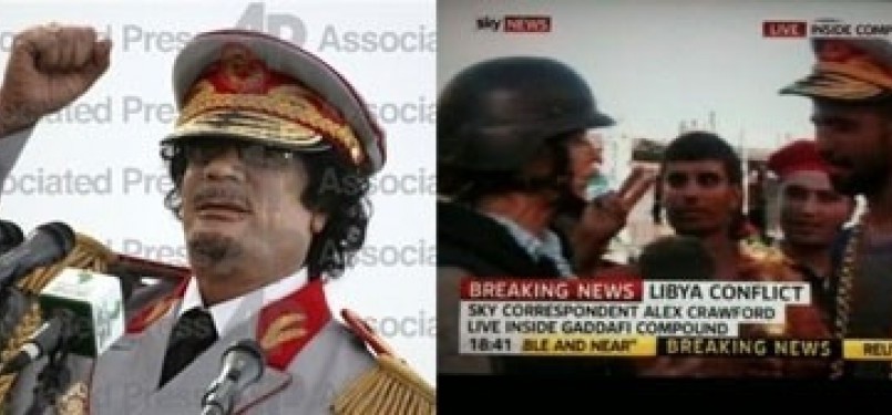 Topi kebesaran Qadafi yang kerap ia gunakan di acara-acara resmi (kiri) dan topi yang ia tinggalkan di markas militernya yang diserbu pasukan oposisi.