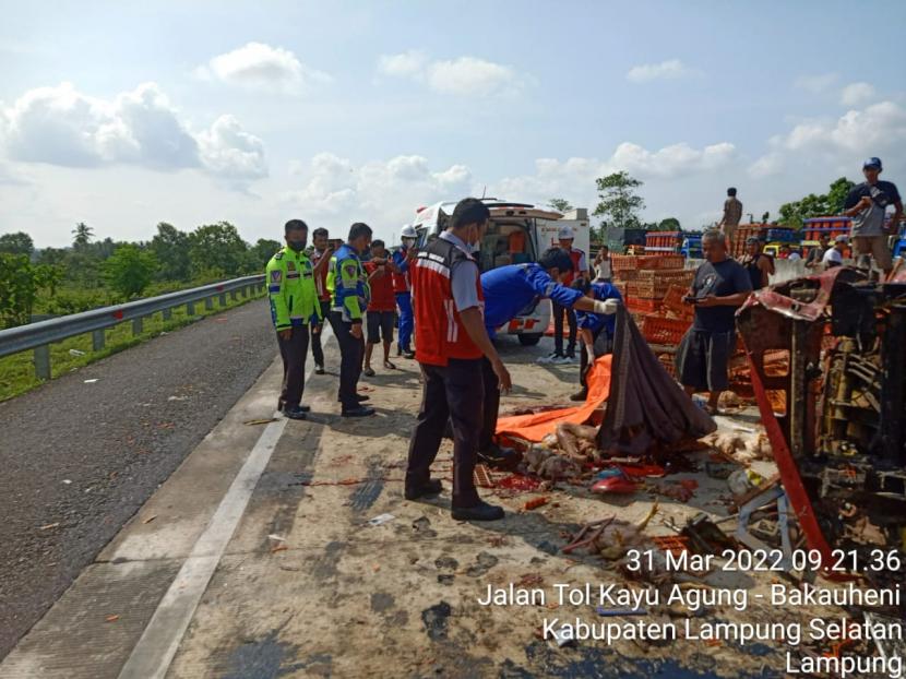 Truk pengangkut ratusan ayam dalam keranjang kecelakaan di Jalan Tol Trans Sumatra KM25+500 Kalianda, Kabupaten Lampung Selatan, Lampung, Kamis (31/3/2022). (Ilustrasi)