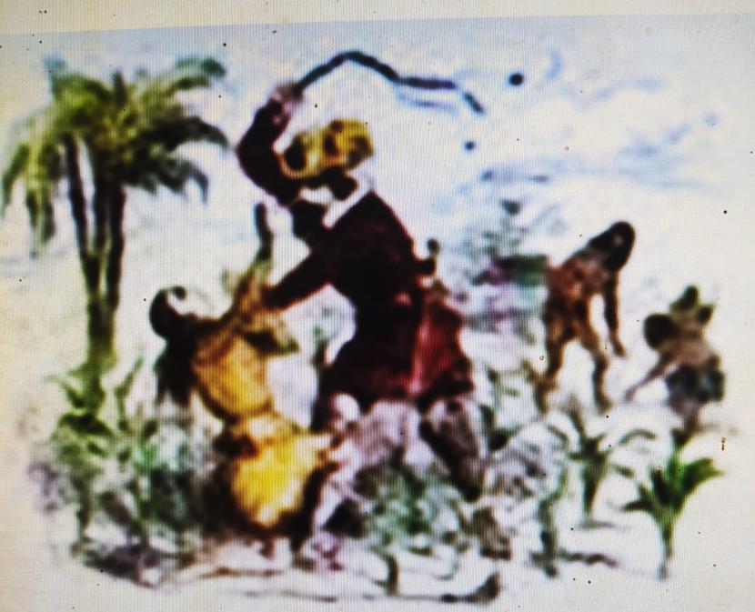 Tuan kukit putih VOC mencambuki wanita pribumi pekerja perkebunan.