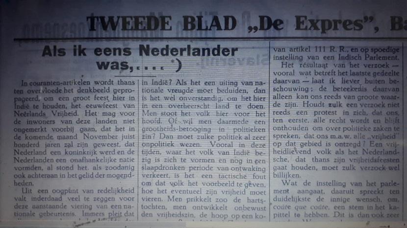 Tulisan Soewardi Soerjaningrat berjudul Als ik Nederlander was di harian De Expres.