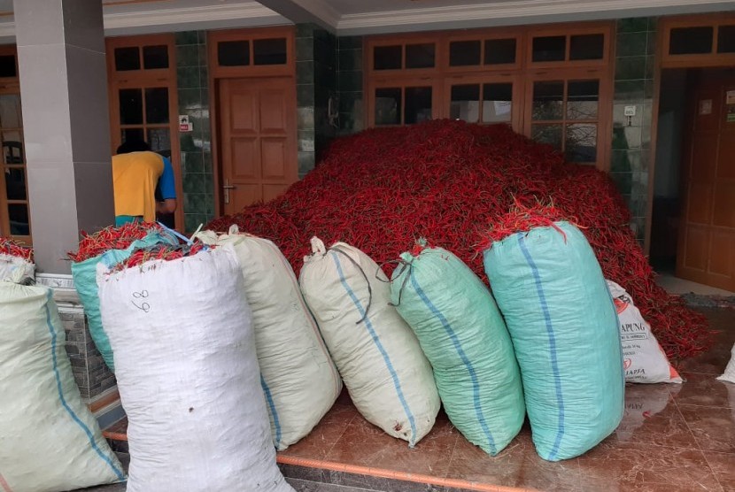 Tumpukan cabai milik petani hasil panen raya di Trisik Banaran Kecamatan Galur, Kabupaten Kulonprogo, Jumat (6/12).