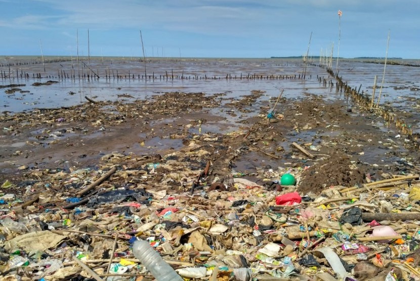 Tumpukan sampah, pendangkalan dan penyempitan jadi bahaya kerusakan lingkungan di Muara Sungai Cisadane, Desa Tanjung Burung, Kabupaten Tangerang. 