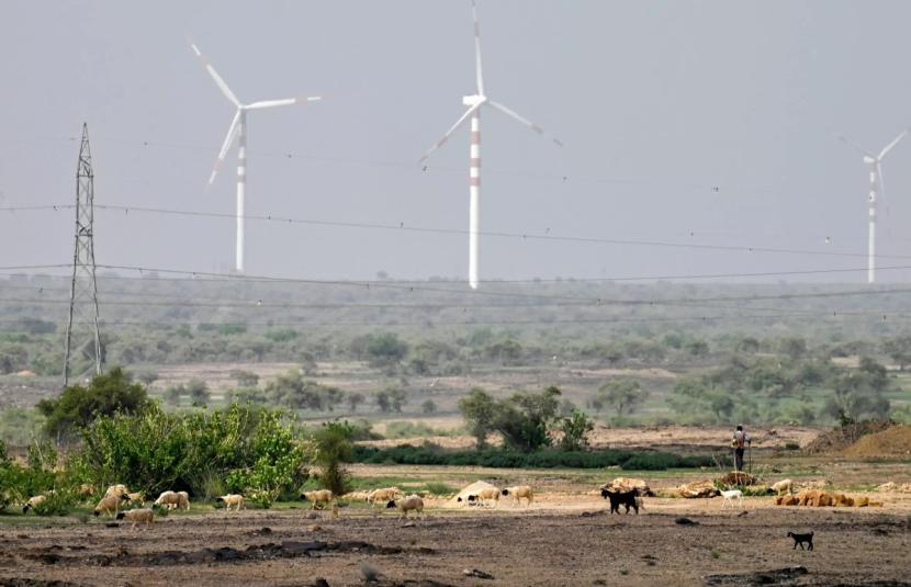  Turbin angin di Gurun Thar, India, yang dinilai merugikan kehidupan para peternak setempat. 