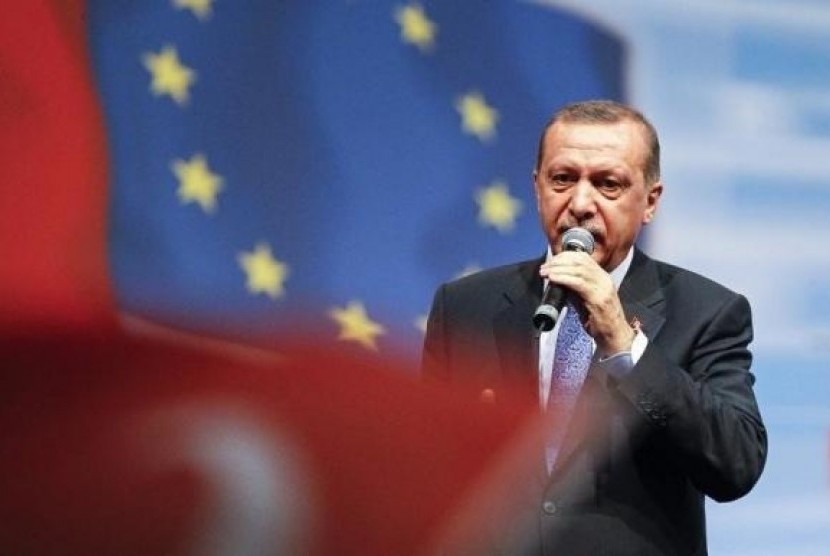 Turkey's Prime Minister Tayyip Erdogan stands on stage as he attends a political rally for members of the expatriate Turk community in Chassieu, near Lyon, June 21, 2014.
