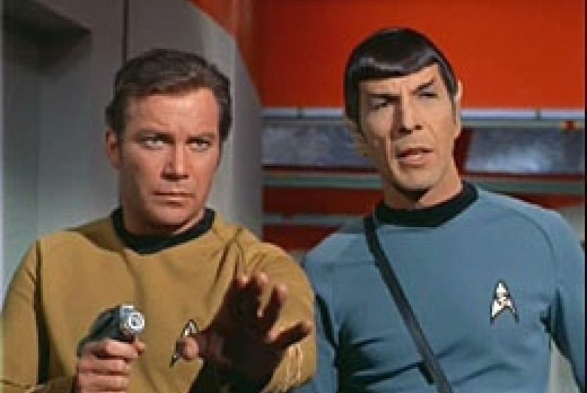 Two characters in Star Trek, Captain James T. Kirk and Commander Spock (illustration)