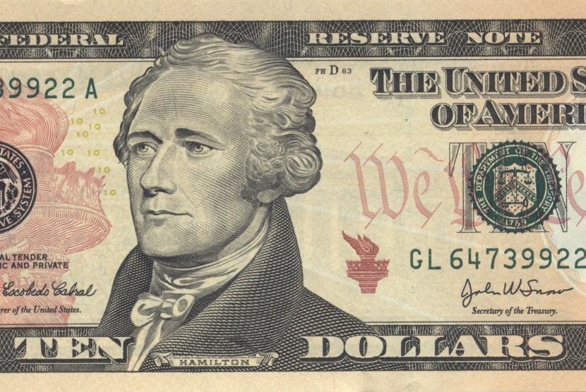 Uang kertas 10 dolar AS yang menampilkan Alexander Hamilton.