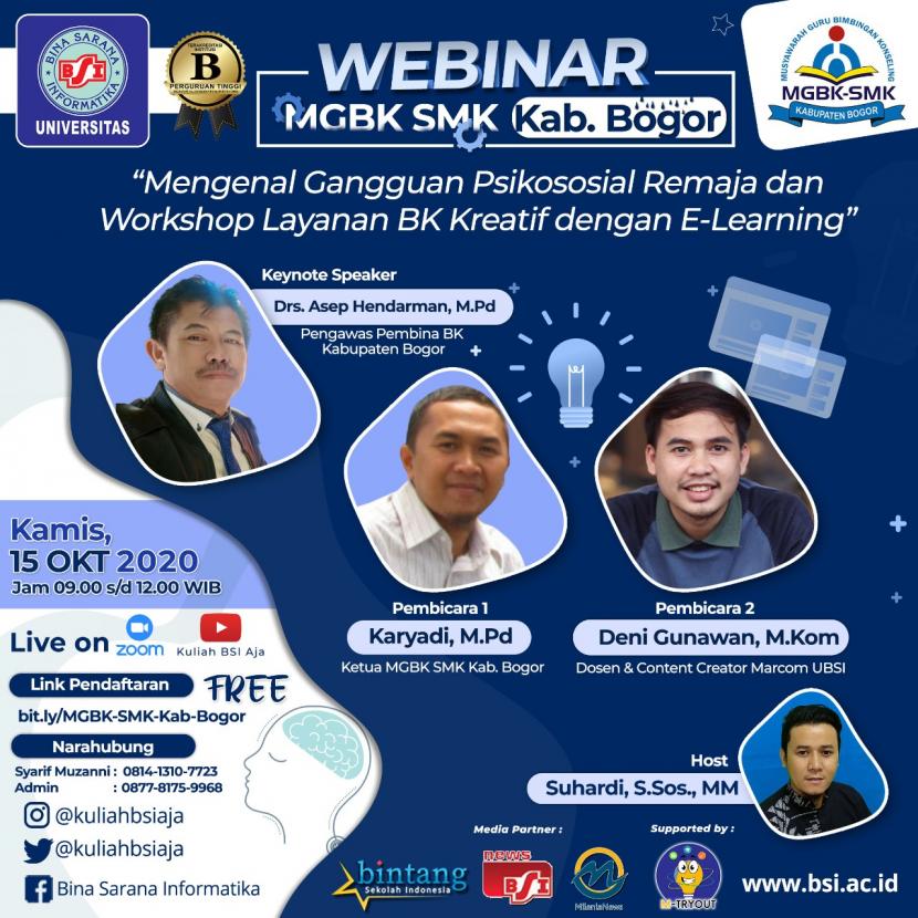 UBSI bersama MGBK SMK se-Kabupaten Bogor akan menggelar webinar untuk guru Bimbingan Konseling (BK), Kamis (15/10).