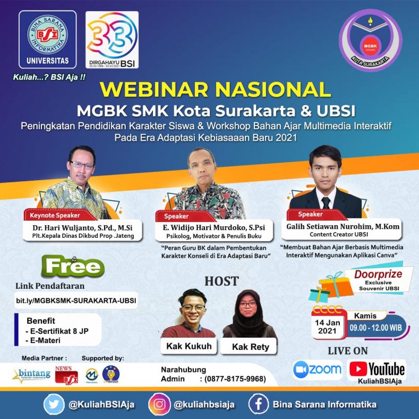 UBSI dan Musyawarah Guru Bimbingan Konseling (MGBK) Kota Surakarta akan  menggelar webinar nasional, Kamis (14/1).