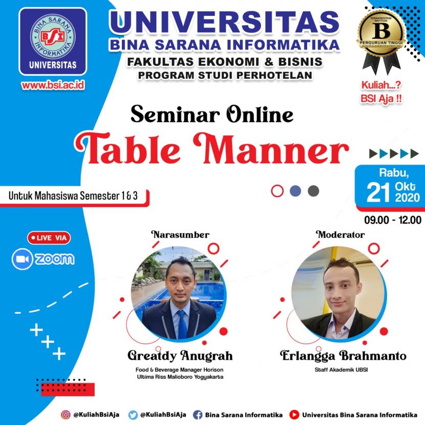 UBSI Kampus Yogyakarta akan menggelar weninar tentang table manner, Rabu (21/10) besok.