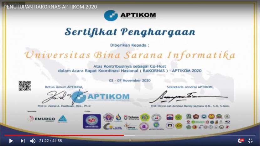 UBSI meraih penghargaan dari Aptikom sebagai co-host utama Rakornas Aptikom 2020.