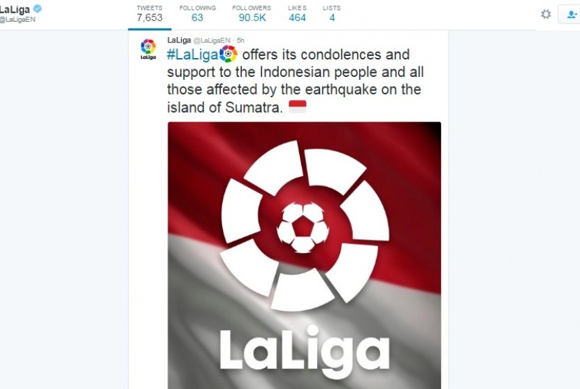 Ucapan belasungkawa dan dukungan dari La Liga kepada korban gempa di Aceh, Rabu (7/12).