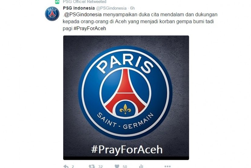 Ucapan belasungkawan Paris Saint-Germain kepada korban bencana gempa di Aceh melalui Twitter.