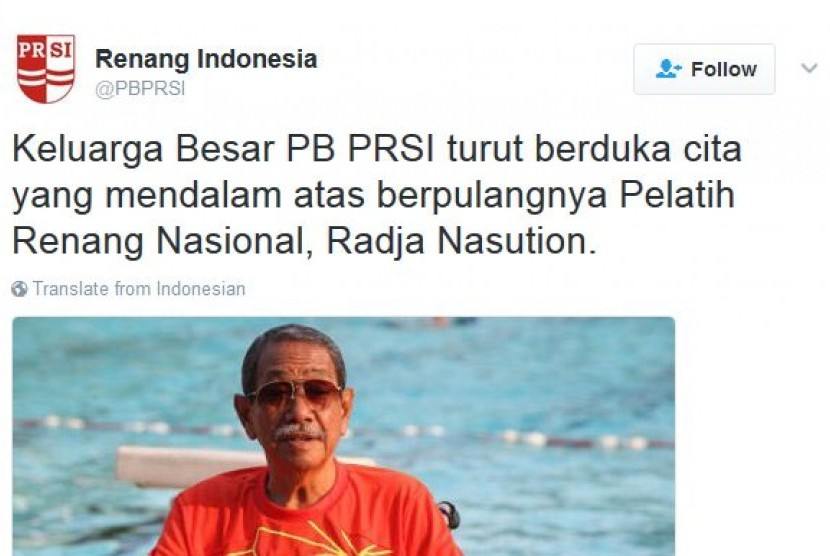 Ucapan duka cita atas meninggalkan Radja Nasution dari PB PRSI.