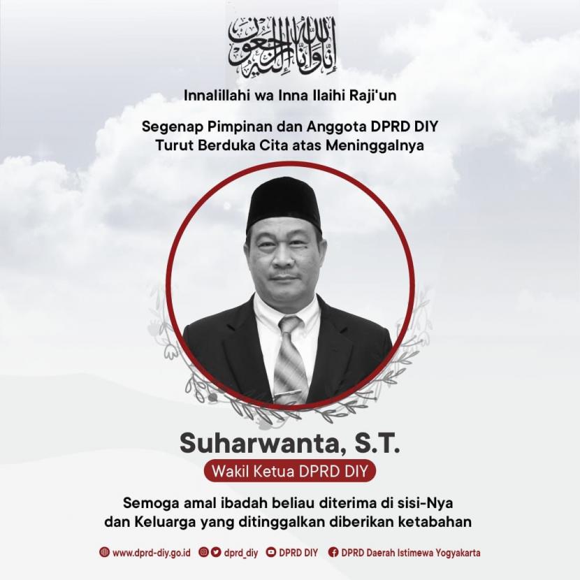 Ucapan meninggalnya Wakil Ketua DPRD DIY, Suharwanta di Rumah Sakit Santa Elisabeth, Kabupaten Bantul, DIY, Jumat (14/7/2023) pagi.