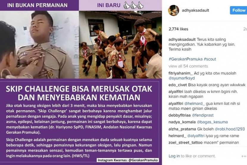 Unggahan Ketua Kwarnas Gerakan Pramuka Kak Adhyaksa Dault terkait bahaya Skip Challenge