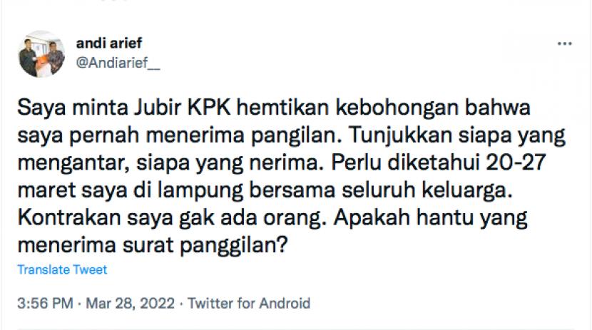 Unggahan Twitter Andi Arief.