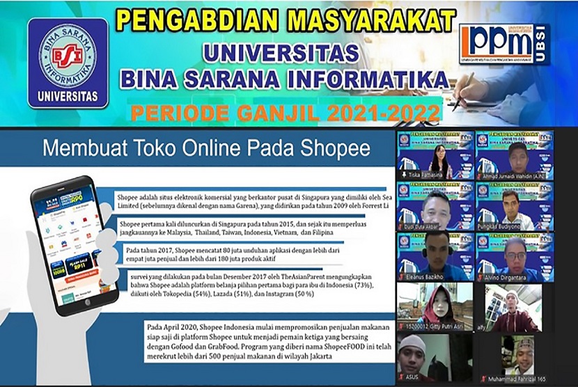 Universitas Bina Sarana Informatika berupaya mendukung kemajuan UMKM yang mengarah kepada bisnis online. Dosen Universitas BSI melalui Fakultas Teknik dan Informatika menggelar kegiatan pengabdian masyarakat (PM) dengan tema Pengenalan E-Commerce dan Membuat Toko Online.