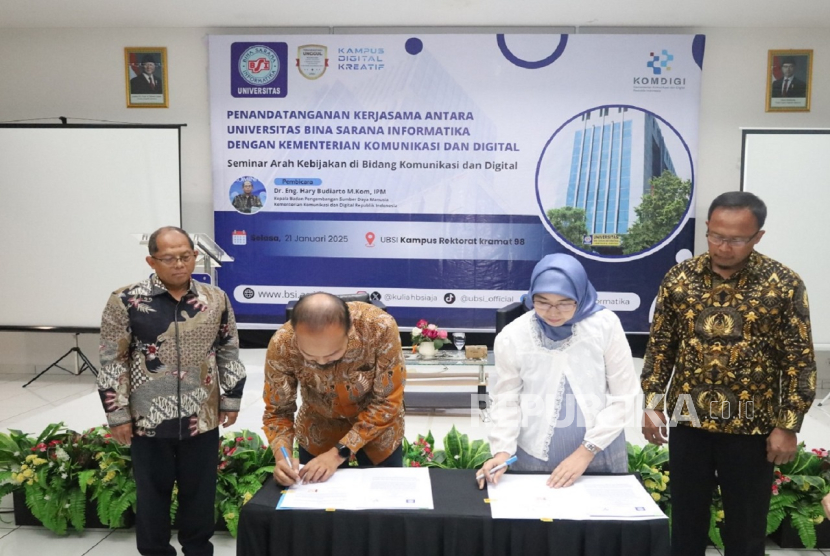 Universitas Bina Sarana Informatika (UBSI) dan Badan Pengembangan Sumber Daya Manusia Komunikasi dan Digital (KOMDIGI) Kementerian Komunikasi dan Digital resmi menandatangani Implementation Arrangement untuk penyelenggaraan Seminar Literasi Digital pada 21 Januari 2025.