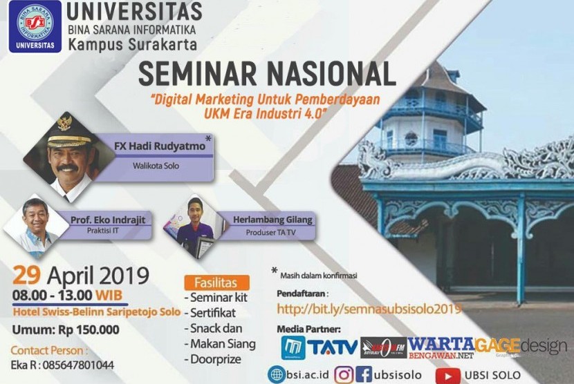 Universitas Bina Sarana Informatika (UBSI) Kampus Solo siap menggelar seminar nasional digital marketing.