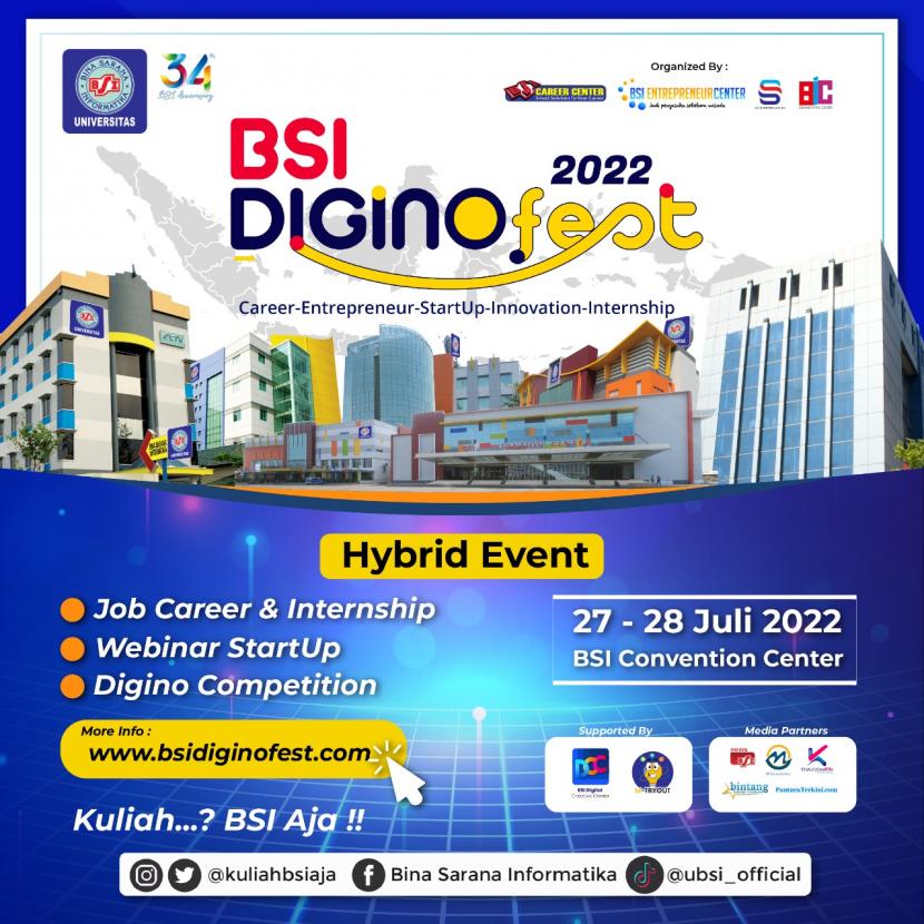 Universitas BSI akan mengadakan kegiatan DiginoFest di BSI Convention Center Kaliabang, Bekasi, secara hybrid (offline & online) pada 27-28 Juli 2022.