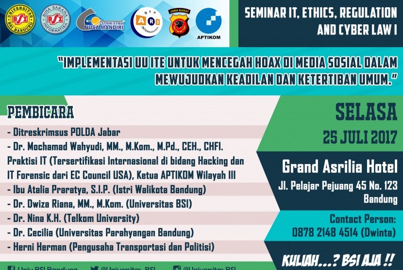 Universitas BSI akan menggelar seminar cyber law di Bandung, Selasa (25/7).