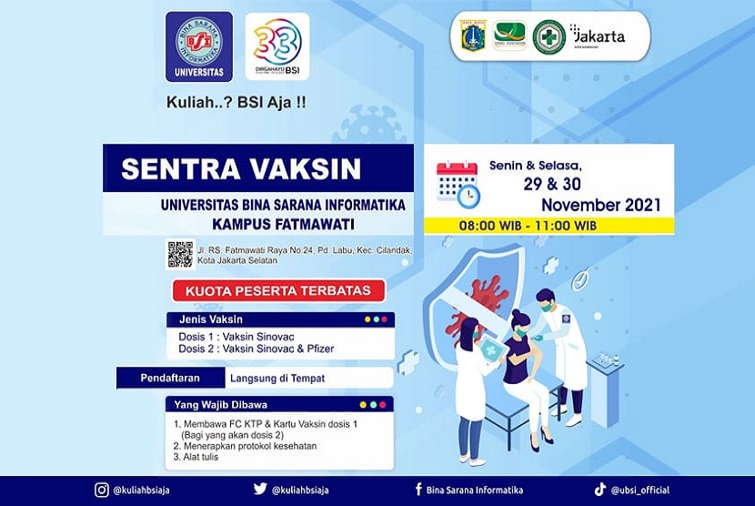  Universitas BSI (Bina Sarana Informatika) atau UBSI kampus Fatmawati kembali menjadi sentra vaksin Covid-19, guna mendukung terciptanya herd immunity dan pencegahan penyebaran virus Covid-19 di wilayah Selatan Jakarta. 