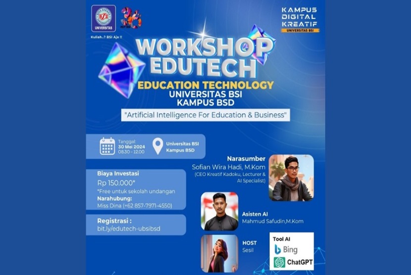 Universitas BSI (Bina Sarana Informatika) Kampus BSD akan menyelenggarakan Workshop Edutech yang ditujukan khusus untuk para guru sekolah. Acara yang dijadwalkan pada Kamis, 30 Mei 2024, bertujuan untuk memperkenalkan dan meningkatkan pemahaman para guru tentang salah satu teknologi yang berkembang pesat saat ini, yaitu kecerdasan buatan (AI).