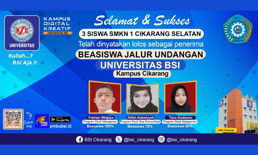 Universitas BSI (Bina Sarana Informatika) kampus Cikarang umumkan penerimaan Program Beasiswa Jalur Undangan bagi tiga siswa berprestasi.