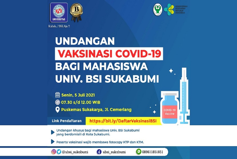 Universitas BSI (Bina Sarana Informatika) kampus Sukabumi bekerja sama dengan Dinas Kesehatan kota Sukabumi mengadakan sentra vaksinasi.