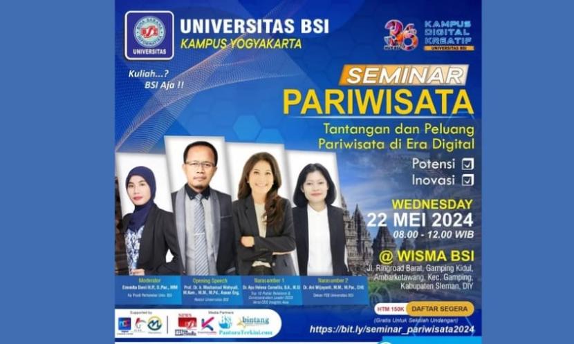 Universitas BSI (Bina Sarana Informatika) Kampus Yogyakarta dengan bangga menyelenggarakan Seminar Pariwisata bertema Tantangan dan Peluang Pariwisata di Era Digital.