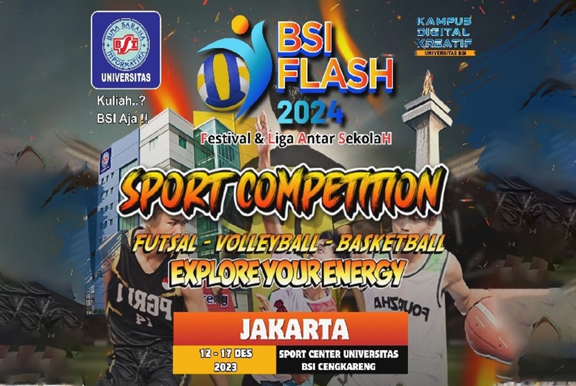 Universitas BSI (Bina Sarana Informatika) sebagai Kampus Digital Kreatif kembali menggelar ajang perlombaan Sport Competition BSI FLASH 2024 (Festival & Liga Antar Sekolah) se-Indonesia. Kegiatan ini sebelumnya telah suskes diselenggarakan di beberapa kota seperti Bekasi, Tangerang Selatan, Bogor, dan selanjutnya akan dilaksanakan di Jakarta, yaitu Cengkareng, Jakarta Barat.