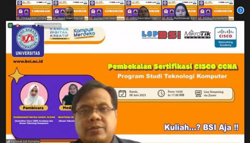 Universitas BSI (Bina Sarana Informatika) sukses mengadakan kegiatan Pembekalan Sertifikasi Cisco CCNA, yang digelar secara daring via zoom pukul 14.00-17.00 Wib, pada Kamis (8/6/2023). 