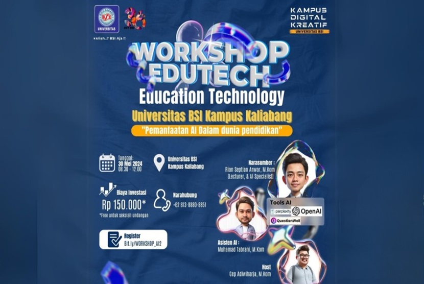 Universitas BSI Campus Kaliabang dengan bangga mengumumkan akan menyelenggarakan seminar bertema Pemanfaatan AI Dalam Dunia Pendidikan pada Kamis (30/5/2024). Acara ini ditujukan khusus bagi guru-guru Sekolah Lanjutan Tingkat Atas (SLTA) dan bertujuan untuk memberikan wawasan serta keterampilan praktis mengenai penggunaan teknologi kecerdasan buatan (AI) dalam proses pembelajaran.