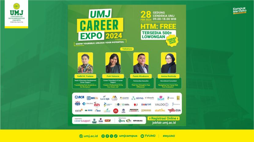 Universitas Muhammadiyah Jakarta (UMJ) akan kembali menggelar Career Expo bertajuk Know Yourself, Unlock Your Potential di Gedung Cendikia UMJ, pada Rabu (28/2/2024).