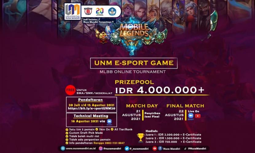 Universitas Nusa Mandiri (UNM) akan menggelar Mobile Legends Bang-Bang (MLBB) Online Tournament, 21-22 Agustus 2021.