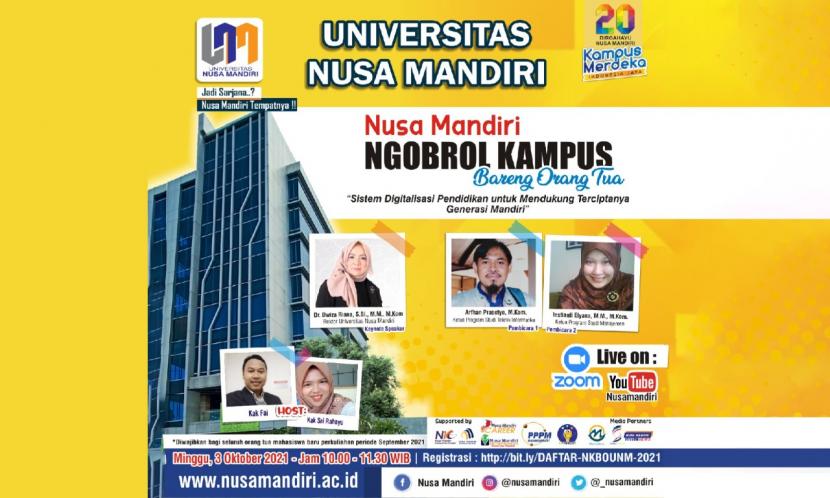 Universitas Nusa Mandiri (UNM) akan  menggelar Ngobrol Kampus Bareng Orang tua (NKBO), Ahad (3/10).