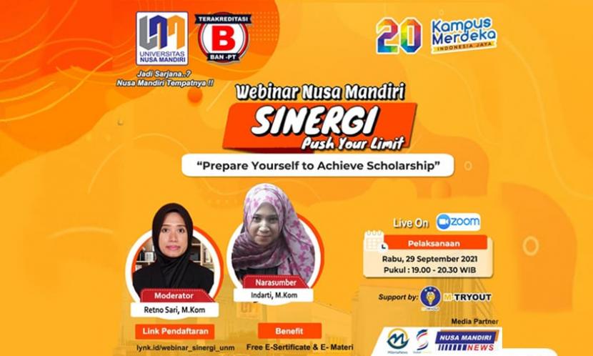 Universitas Nusa Mandiri (UNM) akan menggelar webinar Sinergi terkait beasiswa pada Rabu, 29 September 2021.