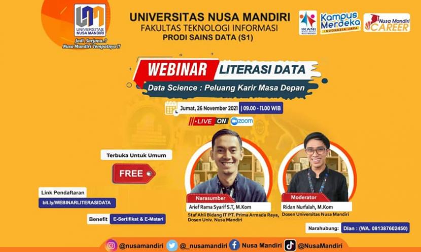 Universitas Nusa Mandiri (UNM)  akan menggelar webinar tentang  data science, Jumat (26/11).