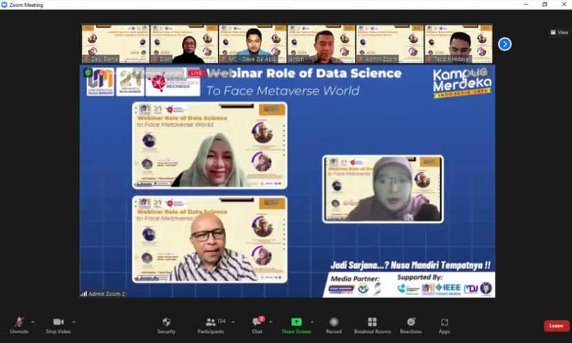 Universitas Nusa Mandiri (UNM) Fakultas Teknologi Informasi (FTI) program studi (prodi) Sains Data, sukses menggelar webinar yang bertajuk “Literasi Data” dengan tema “Role of Data Science to Face Metaverse World.