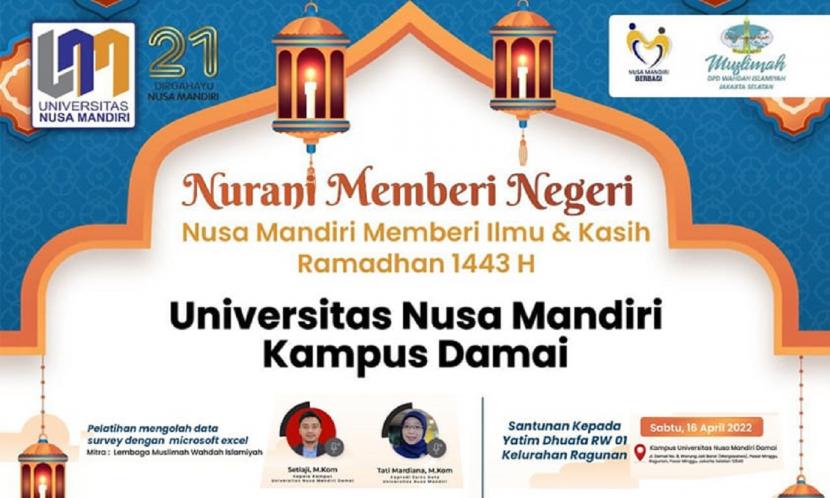 Universitas Nusa Mandiri (UNM) Kampus Damai, Jakarta Selatan, semarakkan Ramadhan 1443 H, dengan kegiatan bertajuk Nurani Memberi Negeri.