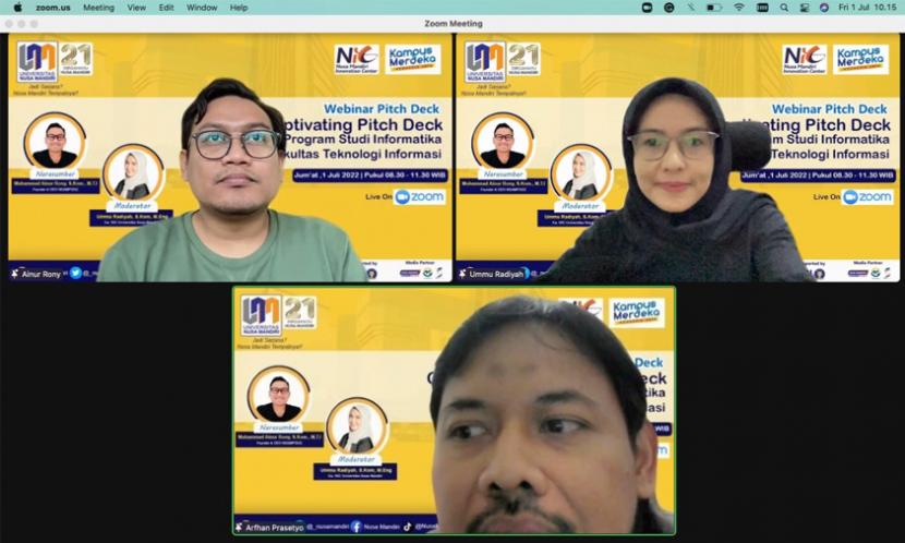 Universitas Nusa Mandiri (UNM), melalui Program Studi (Prodi) Informatika dan Nusa Mandiri Innovation Center (NIC) sukses menggelar webinar Pitch Deck. Webinar berlangsung secara daring, pada Jumat (1/7/2022).